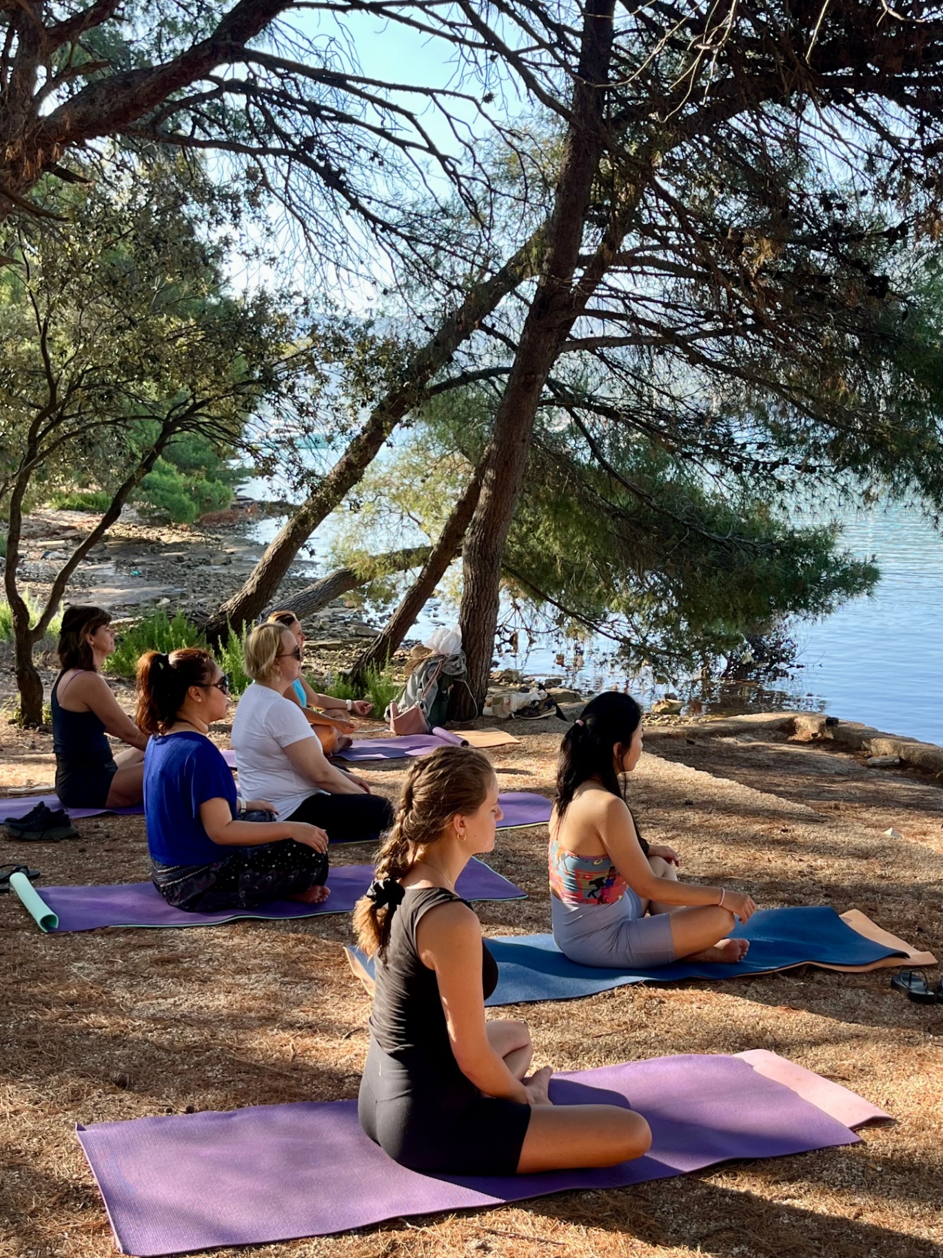 Women meditating under pine trees by the sea on Hvar